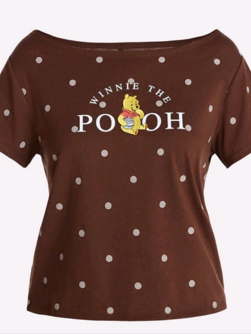 Winnie the Pooh Women's Off the Shoulder Skimmer Polka Dot Tee,